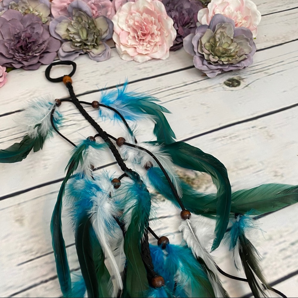 Boho Blue and White Long Feather Elastic Hair Tie - Picture 12 of 14